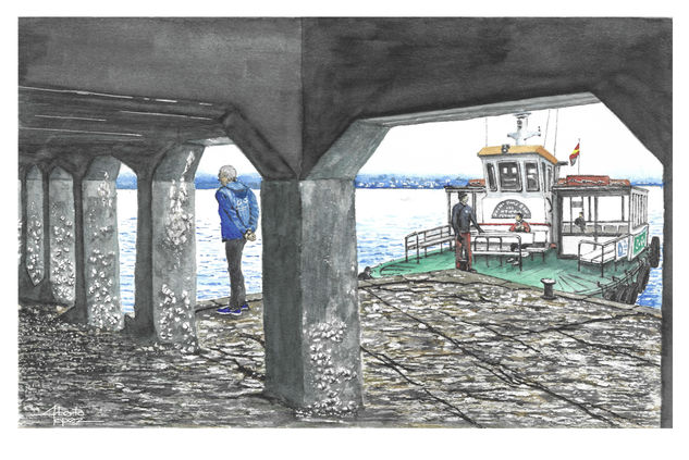 Santander, embarcadero Los Reginas Acuarela Papel Marina