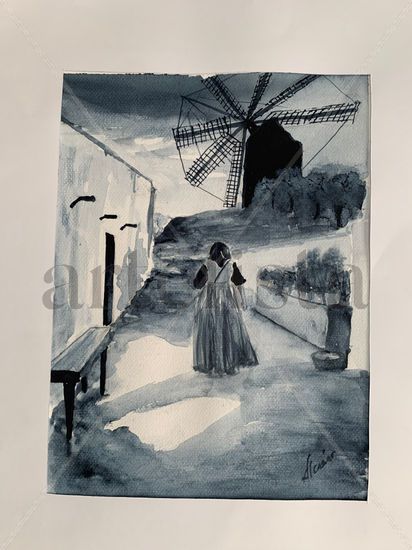 Señora y molino Watercolour Card Figure Painting