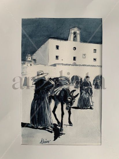 Señora con burro Watercolour Card Figure Painting