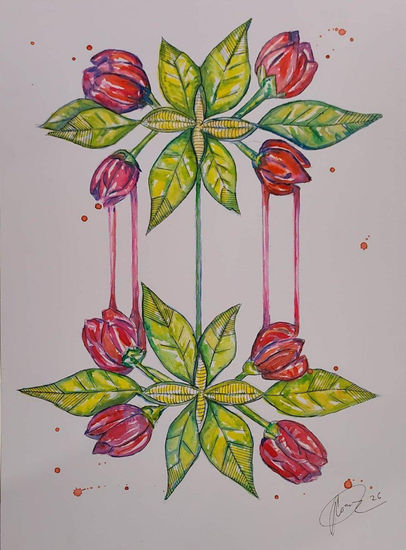 Disolución en carmín Acuarela Papel Floral