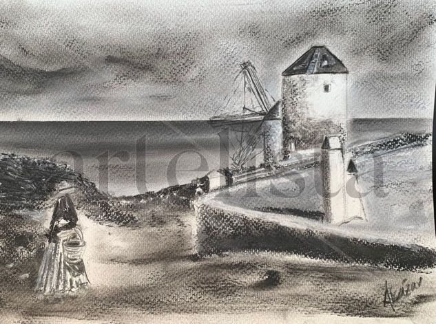 Mujer y molinos Pastel Card Landscaping