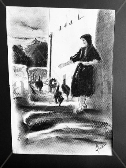 Pagesa con gallinas Pastel Card Figure Painting