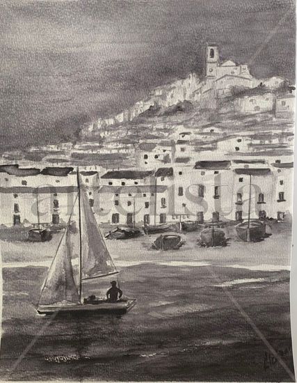 Ibiza desde el mar Acuarela Cartulina Marina
