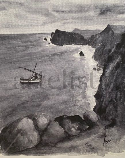 Barca entre rocas Watercolour Card Landscaping