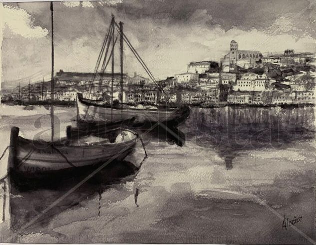 Puerto Ibiza con Barcos Watercolour Card Landscaping