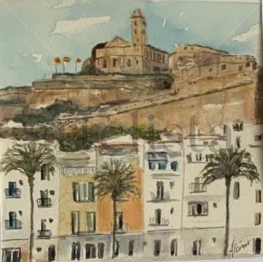 Dalt Vila y casas Watercolour Card Landscaping