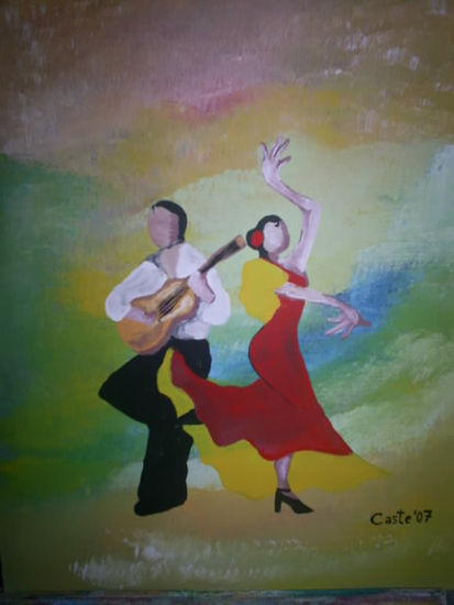 Bailaora con guitarrista Oil Panel Figure Painting