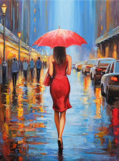 City Rain Reflections Oil Canvas Figure Painting