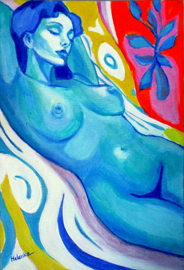 ''Indigo Reverie'' - Blue Female Nude Acrílico Lienzo Desnudos