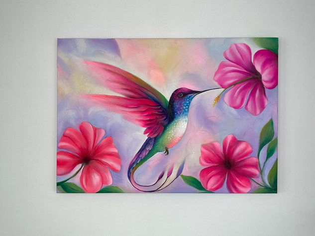 “Hummingbird Dance” Óleo Lienzo Floral