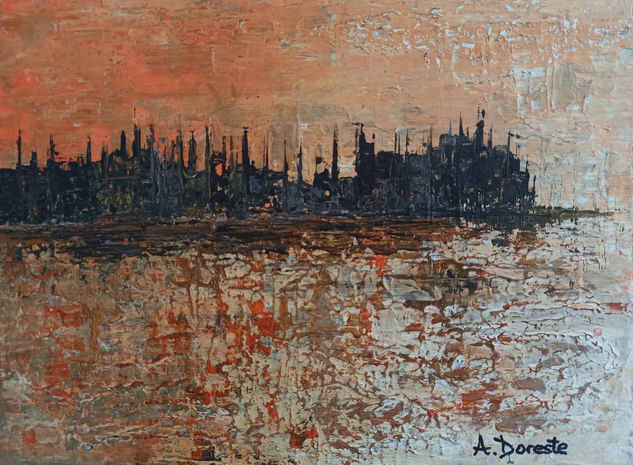 Atardecer urbano Mixed media Paper Landscaping