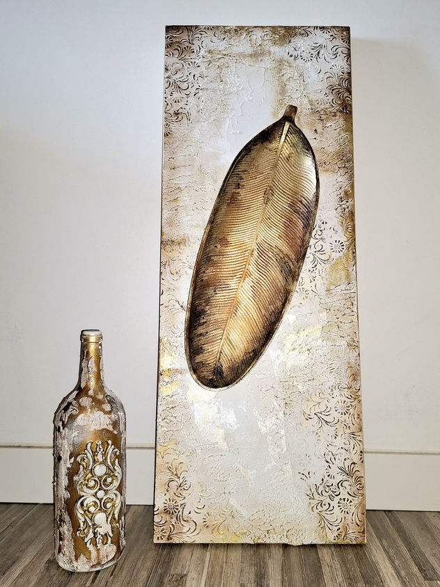 Set de Arte Matérico Original: "Hoja de Oro" (Composición 33.5 x 87 cm)