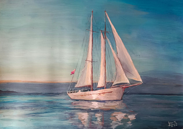 Velero al amanecer Acrílico Papel Marina