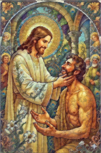Jesús y Adulto Hincado