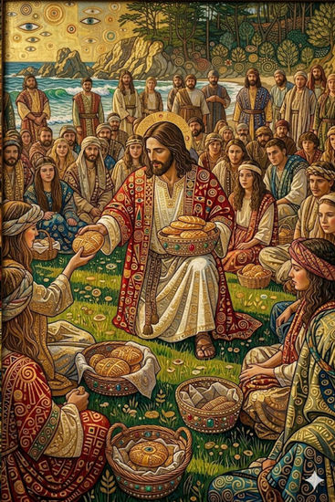 Jesús y Otros Repartiendo Alimentos 