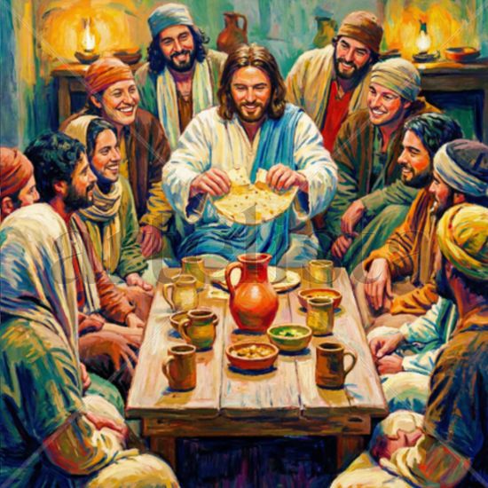 Jesús y Adultos Comiendo 