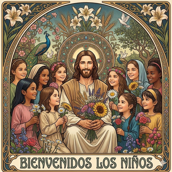 Jesús y Niños con Flores en Art Nouveau. 