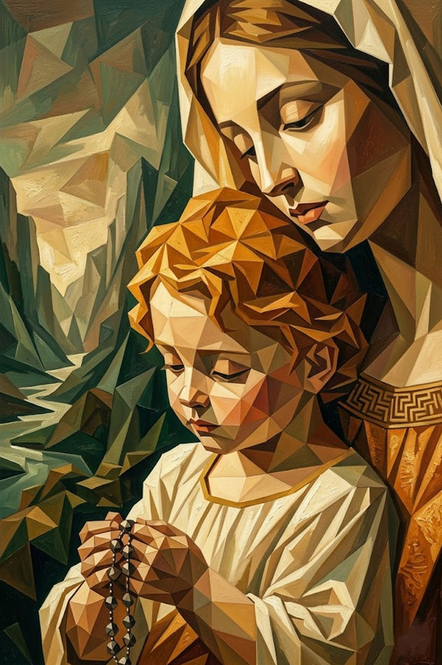 Niño Jesús y María con Rosario en Geometrismo