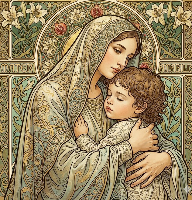 Jesús y María Abrazados en Alphonse Mucha
