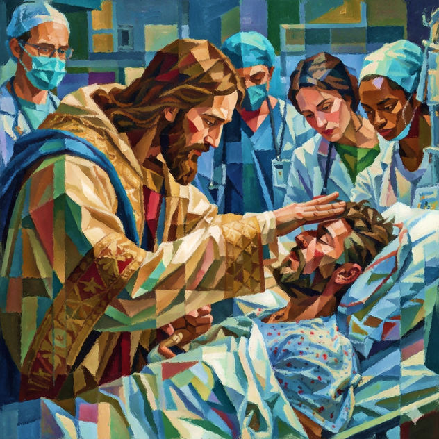 Jesús Colocando Mano en Frente de Adulto.
