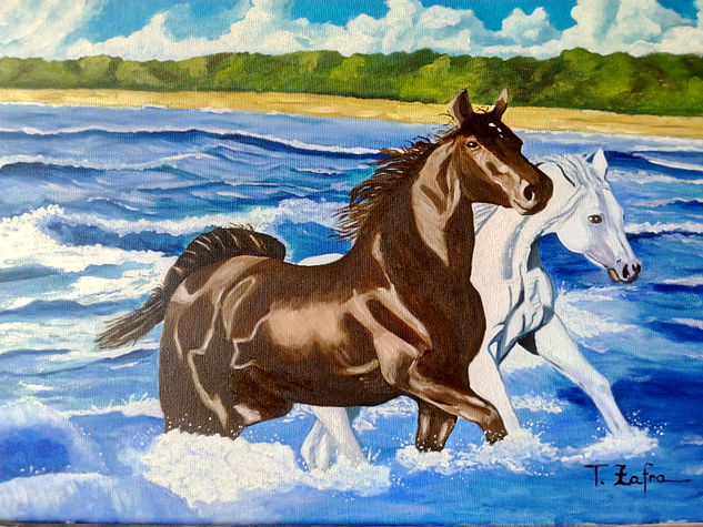 CABALLOS EN EL MAR Óleo Lienzo Animales