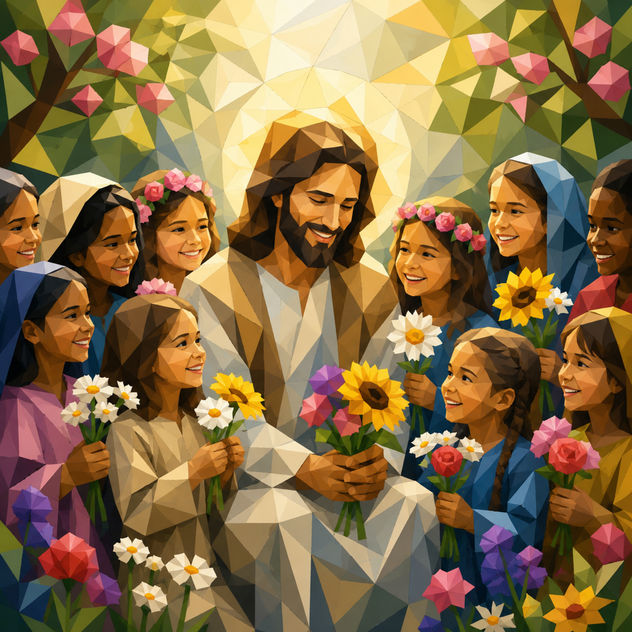 Jesús con Niños y Flores en Abstracción Geométrica.