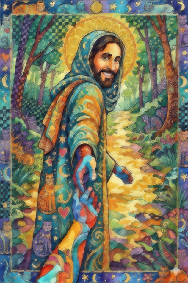 Jesús Ofreciendo Brazo Atrás en Laurel Burch.