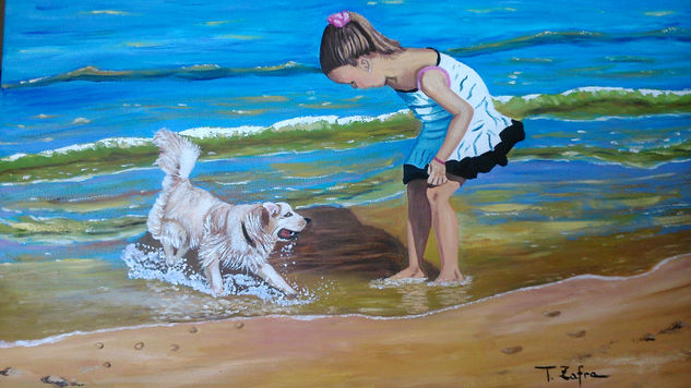NIÑA JUGANDO CON PERRO EN LA PLAYA Óleo Lienzo Otros
