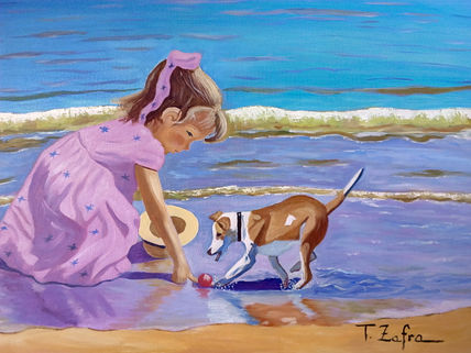 Niña, pelota y perro