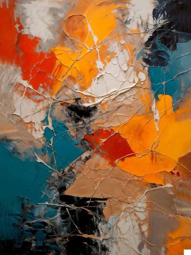 Expresión abstracta en naranja intenso y verde azulado