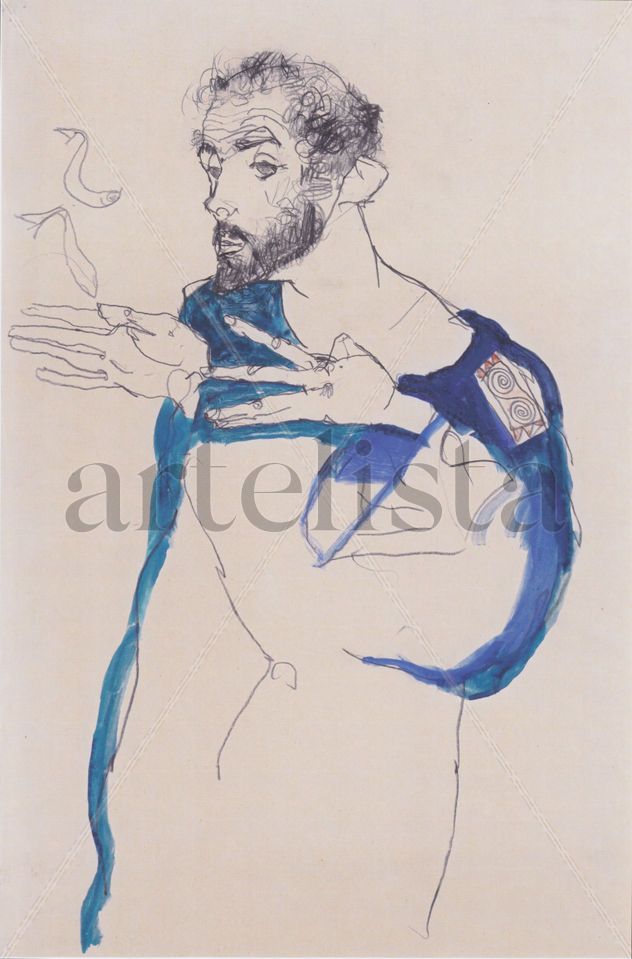 Gustav Klimt con bata de pintor azul -Egon Schiele  - Lienzo premium (calidad de galeria)