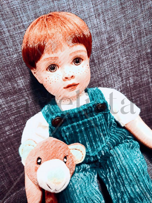 Muñeco Pelirrojo con Pecas y Oso de Peluche