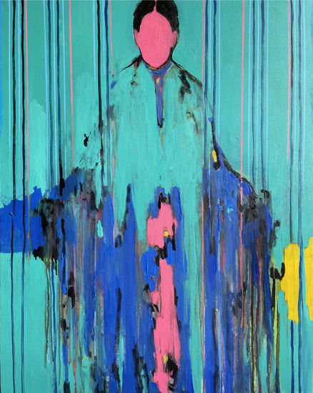 Green figure Whit a pink Face Mixed media Canvas Figure Painting