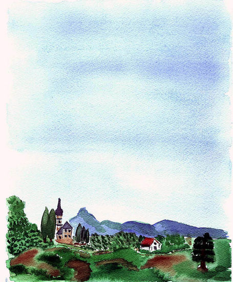 Pueblo Acuarela Papel Paisaje