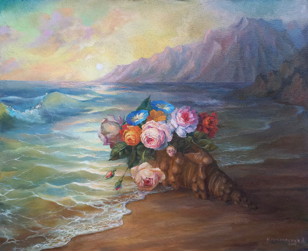 Morning. Sea and flowers