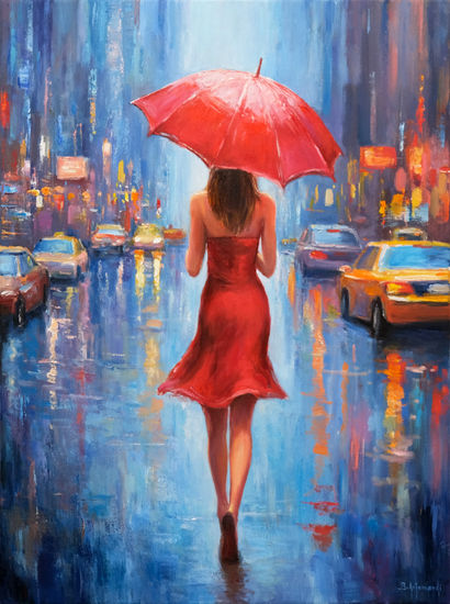 Rainy City Walk Oil Canvas Figure Painting