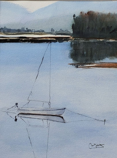 Lancha en la ría Acuarela Papel Marina