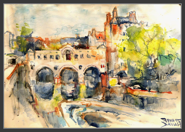 BATH-PANORAMICA-ARTE-ACUARELAS-PINTURA-RIO-PUENTE-PRESA-PAISAJES-PINTOR-ERNEST DESCALS