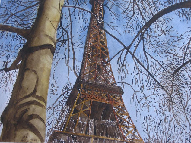 Eiffel Acuarela Papel Paisaje