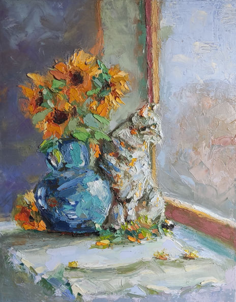 Cat with Sunflowers
