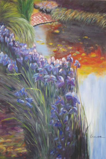 FLORES LILAS DEL LAGO 02 Oil Canvas Floral Painting