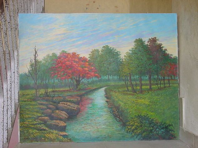 Paisaje con Flamboyan Óleo Lienzo Paisaje