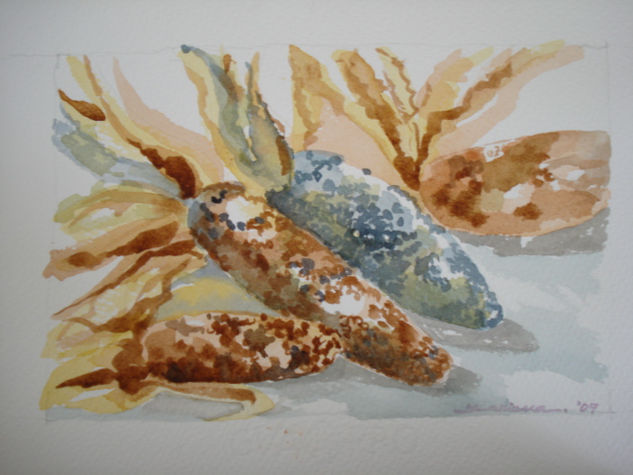 Bodegón con elotes Watercolour Card Still Life Paintings