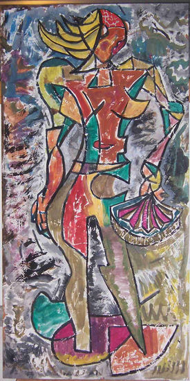 mujer con abanico Gouache Tabla Figura