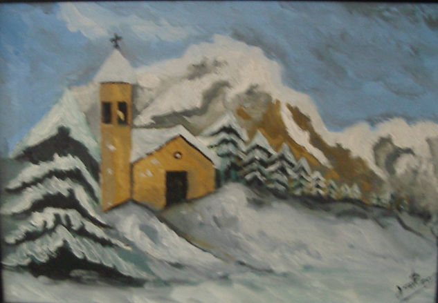 casita en la nieve Oil Canvas Landscaping