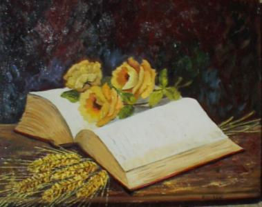 LIBRO CON ROSAS Y ESPIGAS Oil Canvas Still Life Paintings