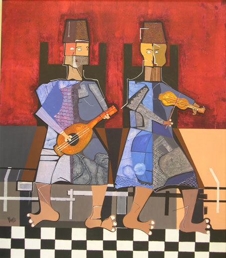 Músicos sentados Acrylic Canvas Figure Painting