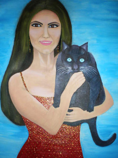 La Dama del gato negro Óleo Lienzo Retrato