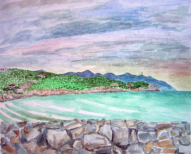 Paisaje de Vilanova i la Geltrú con mar Watercolour Paper Marine Painting