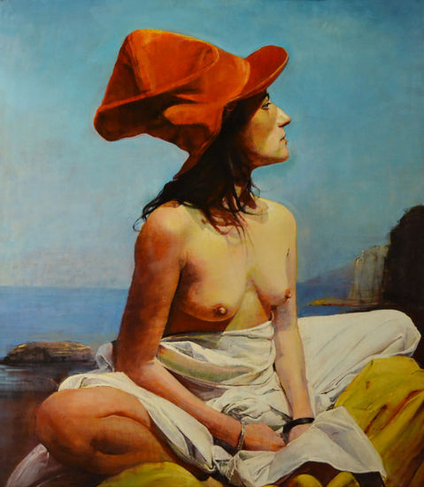 La Mujer del Sombrero Rojo Oil Panel Figure Painting